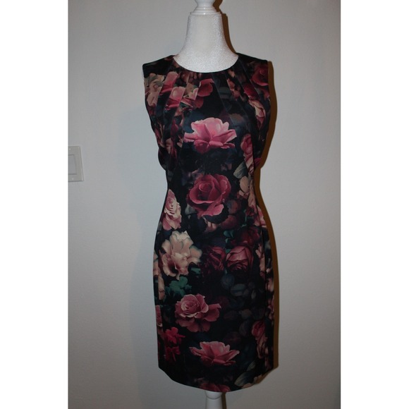 Tahari Arthur S Levine Dresses & Skirts - Tahari Arthur S Levine Pink Rose Floral Sheath Dress Black Sleeveless Women's 4